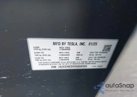 2025 Tesla Cybertruck All-Wheel Drive z USA, uszkodzony, nr VIN 7G2CEHEDXSA060505